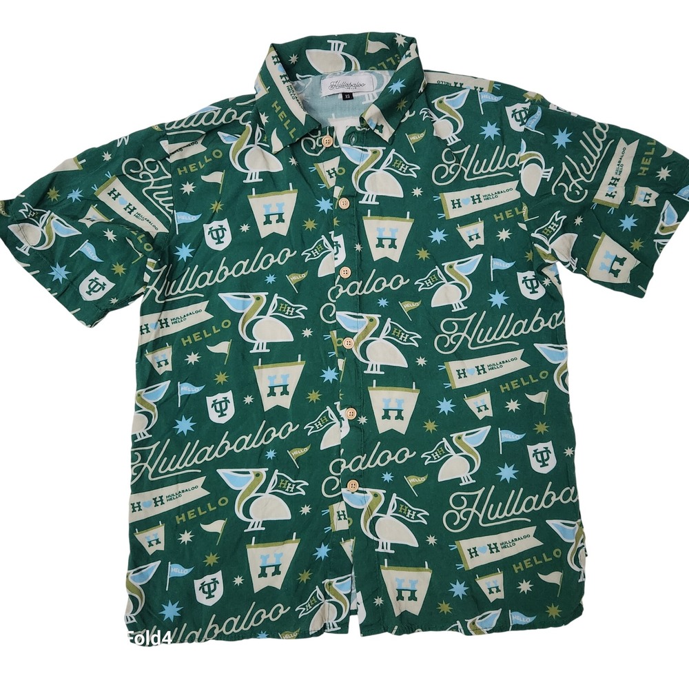 Hullabaloo Hello Mens XS Green Pelican Graphic Rayon Short Sleeve Button Down